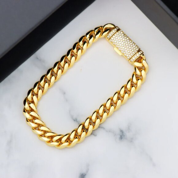 Plain Gold Cuban Link Bracelet with Moissanite Box Clasp - Picture 3 of 4